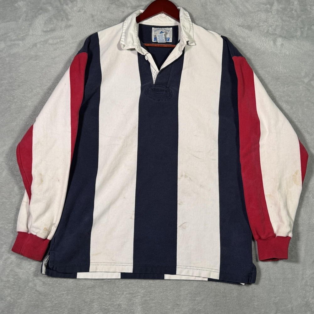 Vintage Lands' End Authentic Rugby Shirt Mens L Red White Blue Stripe USA *FLAW